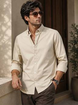 MANIAC - Solid Collared Neck Soft Twill Fabric Beige Shirt