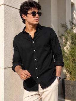 MANIAC - Solid Mens Collared Neck Cotton Linen Black Shirt