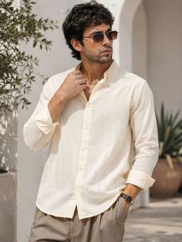 MANIAC - Textured Full Sleeve Soft Twill Fabric Cream Shirt