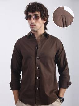 MANIAC - Solid Mens Collared Neck Linen Brown Shirt