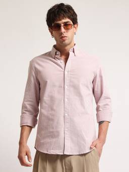 MANIAC - Oxford Stripes Collar Neck Full Sleeve Cotton Pink Shirt