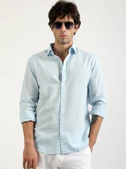 MANIAC - Solid Men Collared Neck Linen Blue Shirt