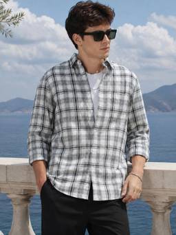 MANIAC - Checked Collared Neck Full Sleeve White Cotton Shirt