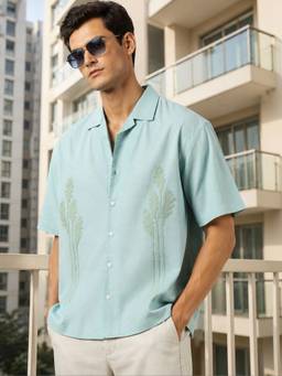 MANIAC - Mystic Petals Embroidery Half Sleeve Aqua Blue Shirt