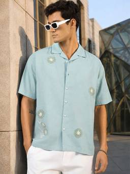 MANIAC - Plaid Floral Embroidered Green Cotton Blend Shirt
