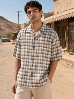 MANIAC - Resort Checks Half Sleeve Beige Cotton Linen Shirt
