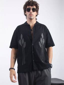 MANIAC - Oasis Embroidered Collared Neck Black Shirt
