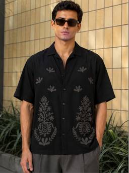 MANIAC - Floral Embroidered Black Cotton Shirt