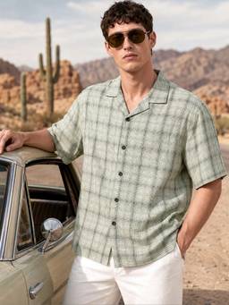MANIAC - Plaid Checks Half Sleeve Green Shirt