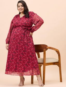 Femmella - Red Floral Print V-Neck Midi Dress with Belt (Set of 2)