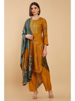 Soch - Women Mustard Silk Embroidered Dress Material (Set of 3)