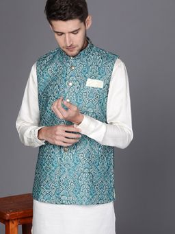 Manyavar - Blue Sleeveless Mandarin Collar Nehru Jacket