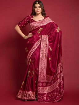 Odette - Maroon Silk Blend Saree With Blouse Piece