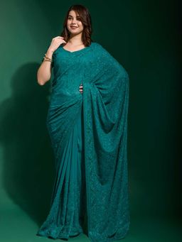 Odette - Teal Georgette Saree With Blouse Piece
