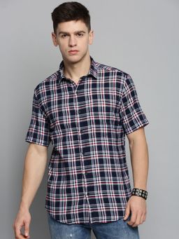 SHOWOFF - Mens Spread Collar Navy Blue Checked Shirt