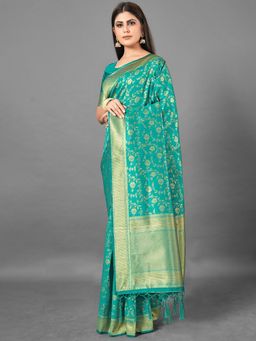 Akhilam - Womens Silk Blend Sea Green Woven Design Designer Saree with Unstitched Blouse