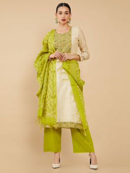Soch - Beige Chanderi Unstitched Dress Material ( Set of 3 )
