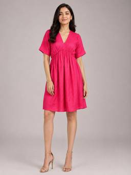 Twenty Dresses by Nykaa Fashion - Pink Textured V-Neck Flared Dress