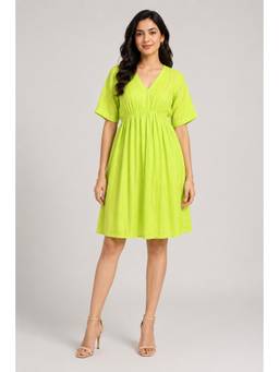 Twenty Dresses by Nykaa Fashion - Lime Green Embroidered V-Neck A-Line Dress