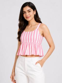 Twenty Dresses by Nykaa Fashion - Pink Stripes Sleeveless Peplum Top