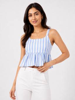 Twenty Dresses by Nykaa Fashion - Blue Stripes Sleeveless Peplum Top