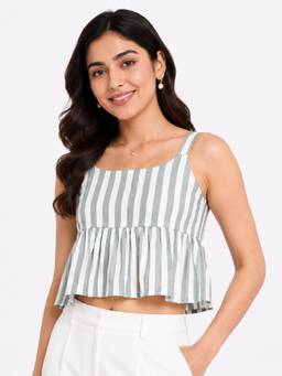 Twenty Dresses by Nykaa Fashion - Sage Green Stripes Sleeveless Peplum Top