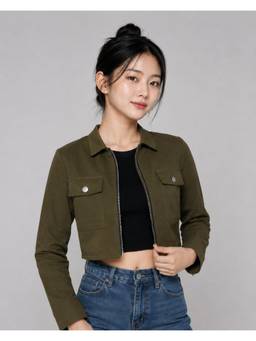 MIXT by Nykaa Fashion - Womens Olive Solid Pure Cotton Crop Jacket