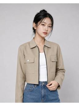 MIXT by Nykaa Fashion - Womens Beige Solid Pure Cotton Crop Jacket