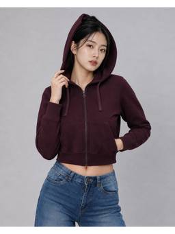 MIXT by Nykaa Fashion - Womens Wine Solid Cropped Hooded Jacket