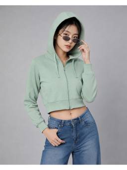 MIXT by Nykaa Fashion - Womens Green Solid Cropped Hooded Sweatshirt