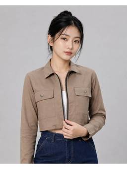 MIXT by Nykaa Fashion - Womens Taupe Solid Pure Cotton Crop Jacket