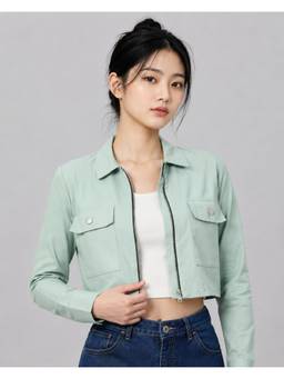 MIXT by Nykaa Fashion - Womens Sea Green Solid Pure Cotton Crop Jacket