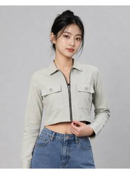 MIXT by Nykaa Fashion - Womens Steel Grey Solid Pure Cotton Crop Jacket