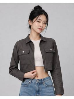 MIXT by Nykaa Fashion - Womens Charcoal Solid Pure Cotton Crop Jacket