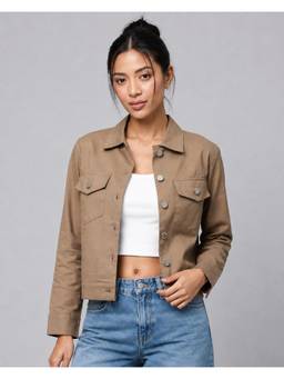 MIXT by Nykaa Fashion - Womens Taupe Solid Pure Cotton Shacket Jacket
