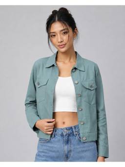 MIXT by Nykaa Fashion - Womens Teal Solid Pure Cotton Shacket Jacket