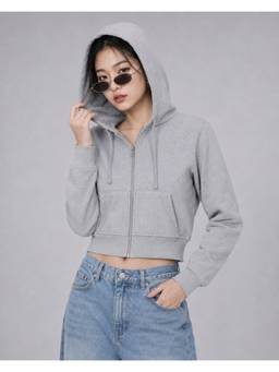 MIXT by Nykaa Fashion - Womens Solid Grey Melange Fleece Hooded Jacket
