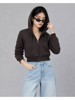 MIXT by Nykaa Fashion - Womens Solid Brown Fleece Hooded Sweatshirt