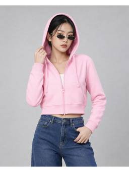 MIXT by Nykaa Fashion - Womens Solid Baby Pink Fleece Hooded Jacket