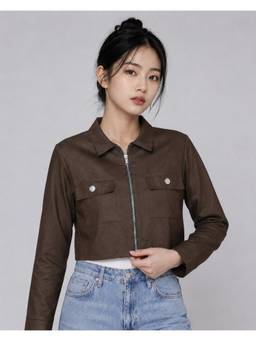 MIXT by Nykaa Fashion - Womens Solid Coffee Brown Cotton Crop Jacket