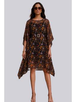Twenty Dresses by Nykaa Fashion - Womens Black Floral Printed Kaftan Dress with Waist Belt