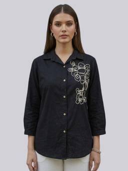 Twenty Dresses by Nykaa Fashion - Womens Black Cotton Floral Embroidered Shirt