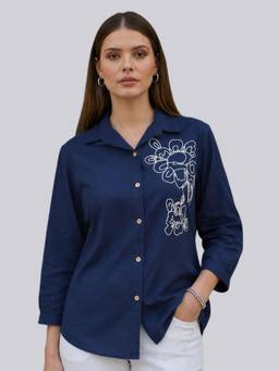 Twenty Dresses by Nykaa Fashion - Womens Navy Blue Solid Cotton Floral Embroidered Shirt