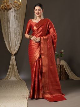 Akhilam - Womens Silk Blend Red Woven Design Designer Saree with Unstitched Blouse