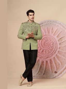 Soniya G - Sage Green Embroidered Jacket with Black Trousers