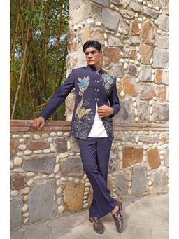 Soniya G - Royal Navy Blue Bandhgala Set with Multicolour Hand Embroidery and Crest Buttons