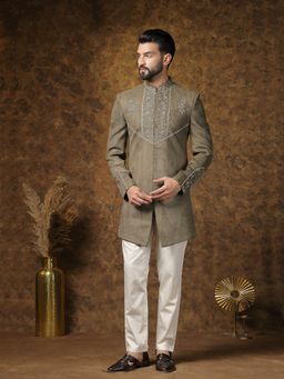 Soniya G - Grey Silver Embroidery Suede-Textured Indo-Western Sherwani with Pant
