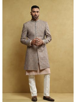 Soniya G - Sage Green Coin Work Open Sherwani with Kurta and Pant