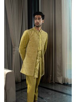 Soniya G - Gold Yellow Velvet Long Jodhpuri Jacket with Kurta and Pant