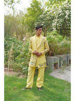 Soniya G - Radiant Yellow Mandala and Floral Embroidered Jacket with Kurta and Pant